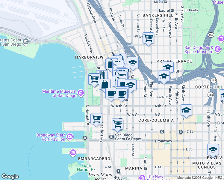 map of restaurants, bars, coffee shops, grocery stores, and more near 1590 Kettner Boulevard in San Diego