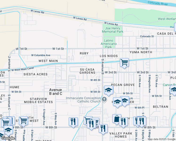 map of restaurants, bars, coffee shops, grocery stores, and more near 281 South 27th Drive in Yuma