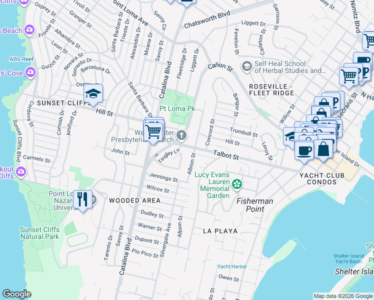 map of restaurants, bars, coffee shops, grocery stores, and more near 3598 Talbot Street in San Diego