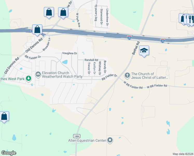 map of restaurants, bars, coffee shops, grocery stores, and more near 2250 Kaitlyn Drive in Weatherford