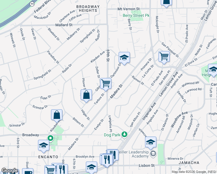 map of restaurants, bars, coffee shops, grocery stores, and more near 1650 69th Street in Lemon Grove