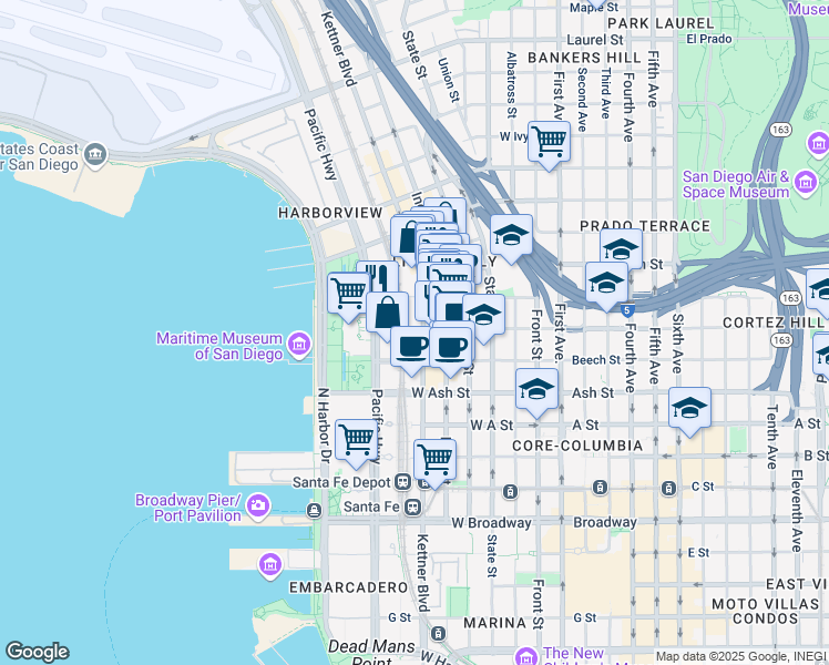 map of restaurants, bars, coffee shops, grocery stores, and more near 1590 Kettner Boulevard in San Diego