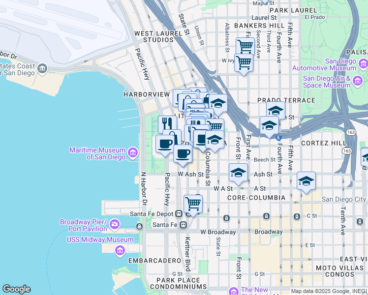 map of restaurants, bars, coffee shops, grocery stores, and more near 1590 Kettner Boulevard in San Diego