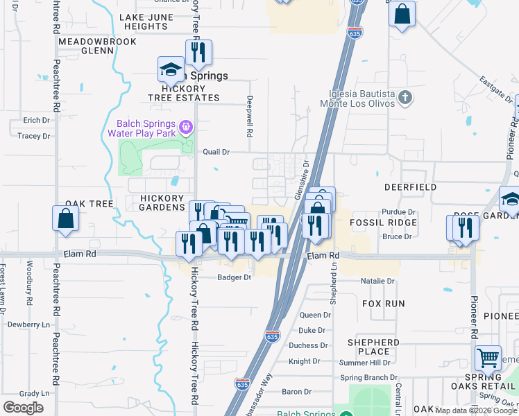 map of restaurants, bars, coffee shops, grocery stores, and more near 12222 Quail Drive in Balch Springs