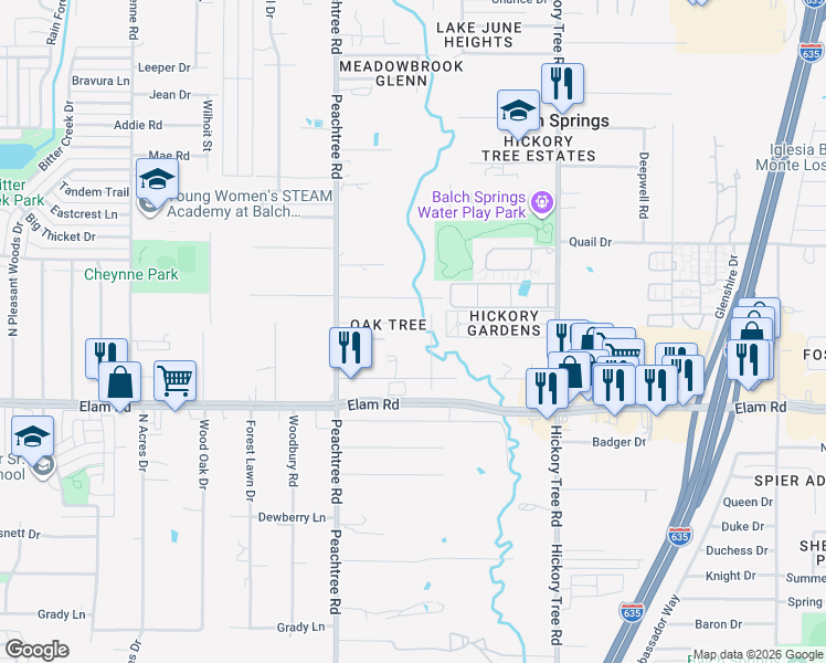 map of restaurants, bars, coffee shops, grocery stores, and more near 11517 Oak Tree Road in Balch Springs