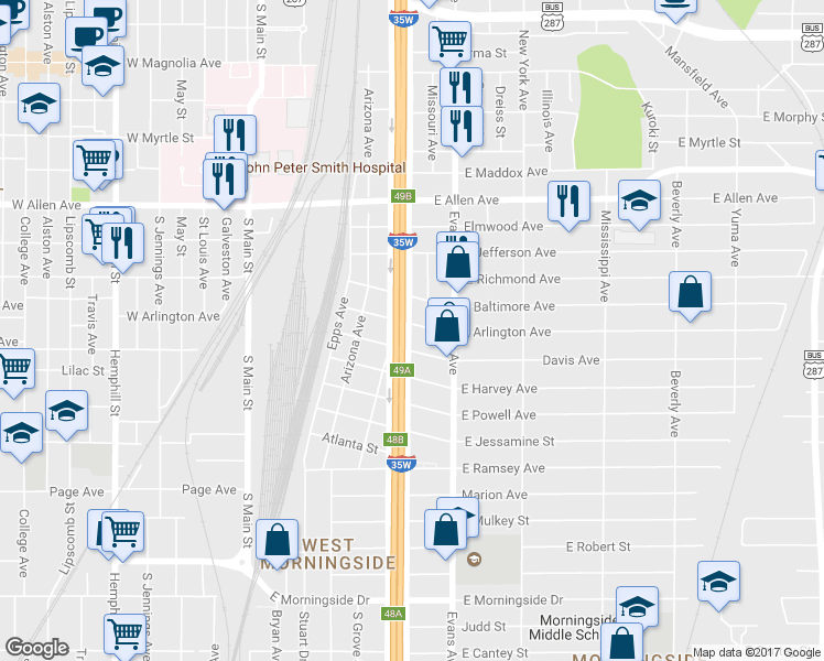 map of restaurants, bars, coffee shops, grocery stores, and more near 812 East Arlington Avenue in Fort Worth
