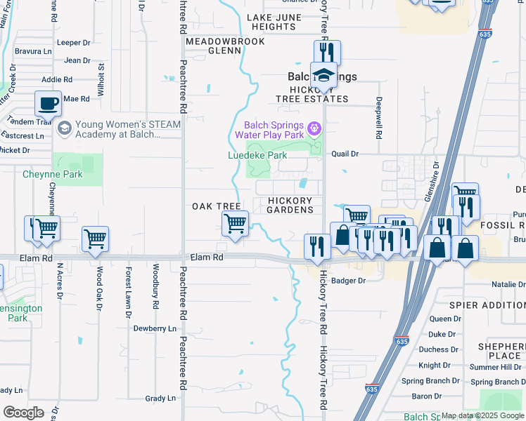 map of restaurants, bars, coffee shops, grocery stores, and more near 11609 Oak Tree Road in Balch Springs