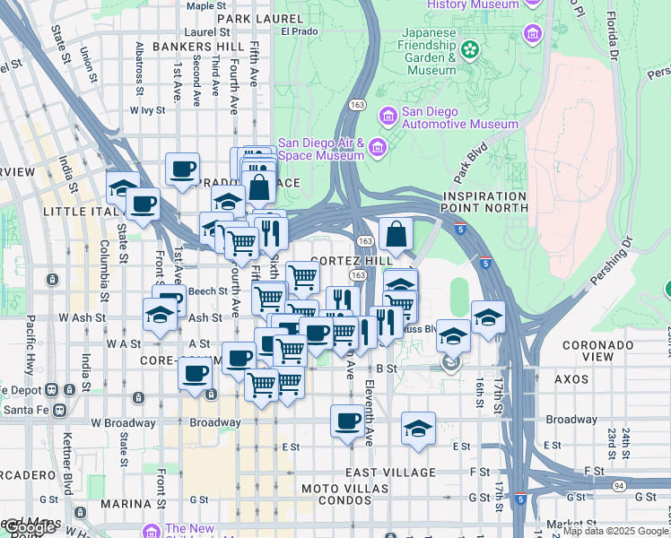 map of restaurants, bars, coffee shops, grocery stores, and more near 1640 Tenth Avenue in San Diego