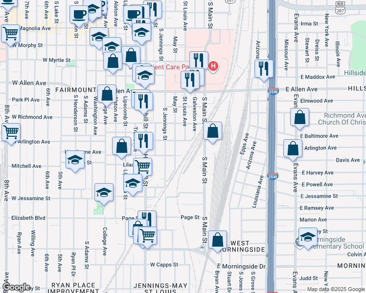 map of restaurants, bars, coffee shops, grocery stores, and more near 1928 West Arlington Avenue in Fort Worth