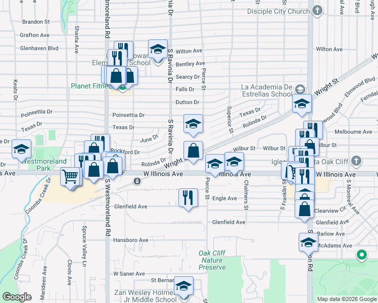 map of restaurants, bars, coffee shops, grocery stores, and more near 2300 South Ravinia Drive in Dallas