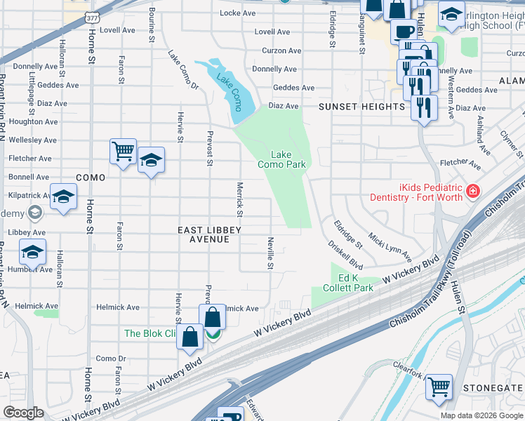 map of restaurants, bars, coffee shops, grocery stores, and more near 5121 Kilpatrick Avenue in Fort Worth