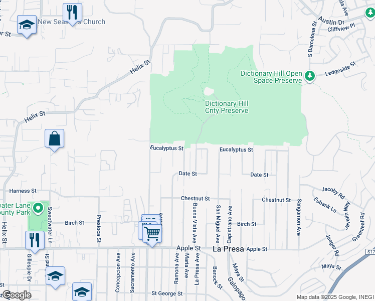 map of restaurants, bars, coffee shops, grocery stores, and more near 1665 Maria Avenue in Spring Valley