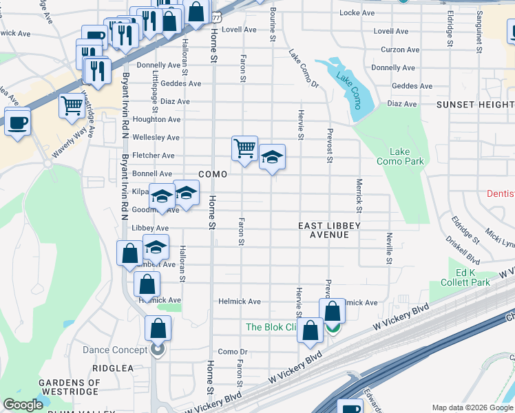 map of restaurants, bars, coffee shops, grocery stores, and more near 5516 Goodman Avenue in Fort Worth