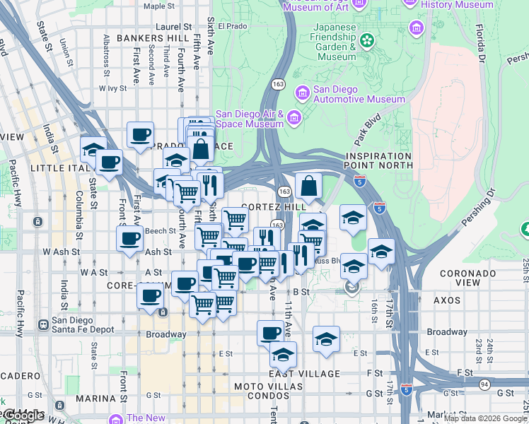 map of restaurants, bars, coffee shops, grocery stores, and more near 1640 Tenth Avenue in San Diego