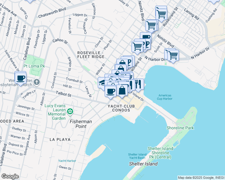 map of restaurants, bars, coffee shops, grocery stores, and more near 3045 Avenida De Portugal in San Diego