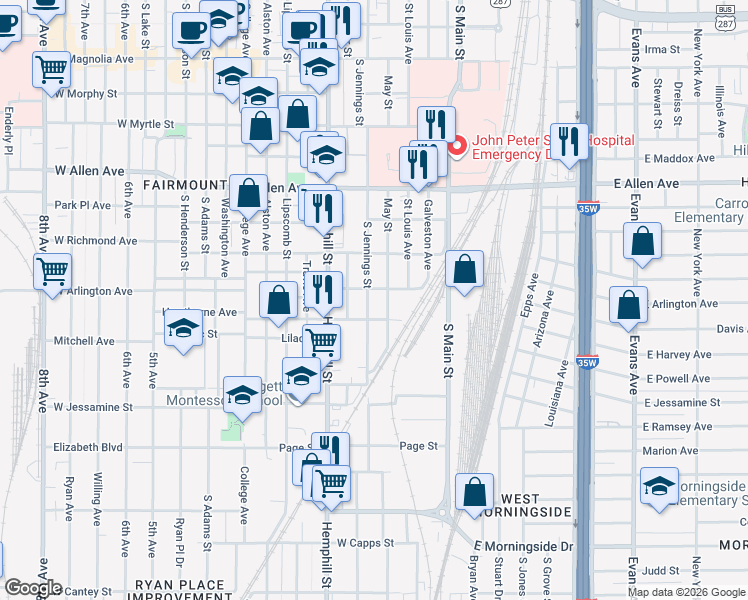 map of restaurants, bars, coffee shops, grocery stores, and more near 1928 West Arlington Avenue in Fort Worth