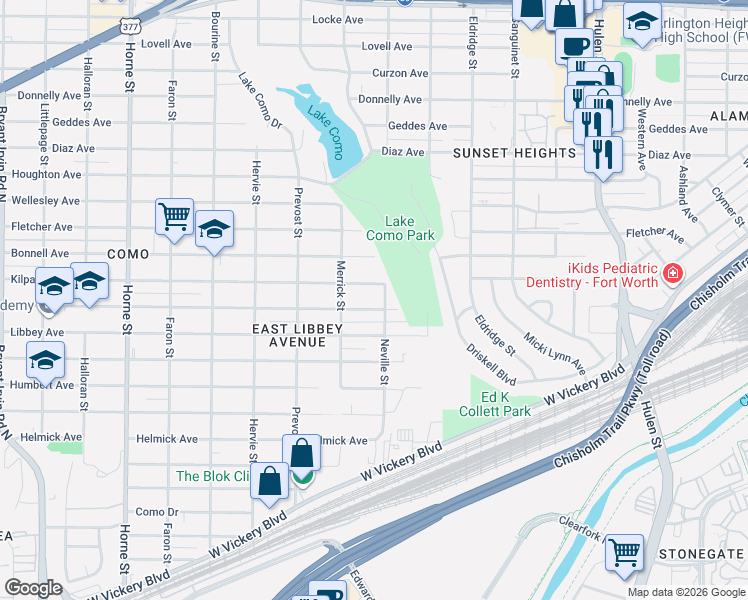map of restaurants, bars, coffee shops, grocery stores, and more near 5121 Kilpatrick Avenue in Fort Worth