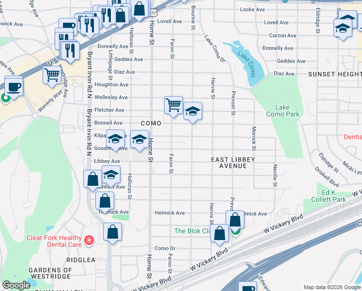 map of restaurants, bars, coffee shops, grocery stores, and more near 5520 Goodman Avenue in Fort Worth