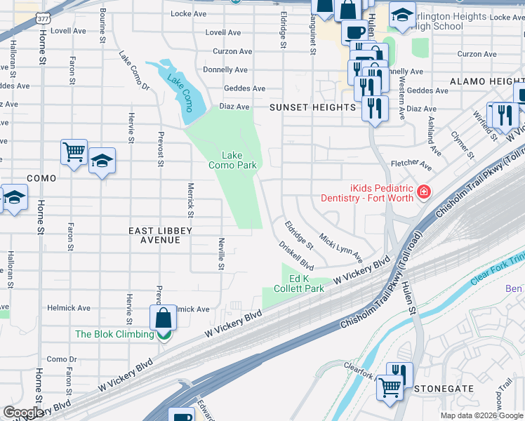 map of restaurants, bars, coffee shops, grocery stores, and more near 3816 Driskell Boulevard in Fort Worth