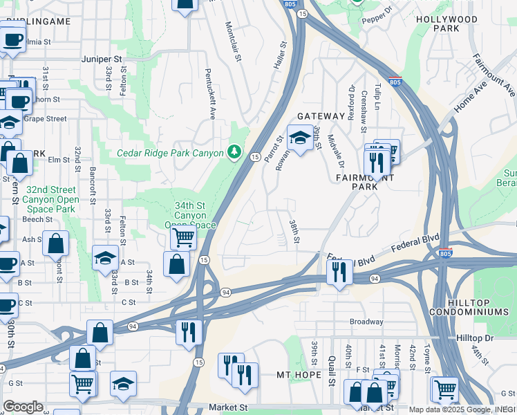 map of restaurants, bars, coffee shops, grocery stores, and more near 1630 Parrot Street in San Diego