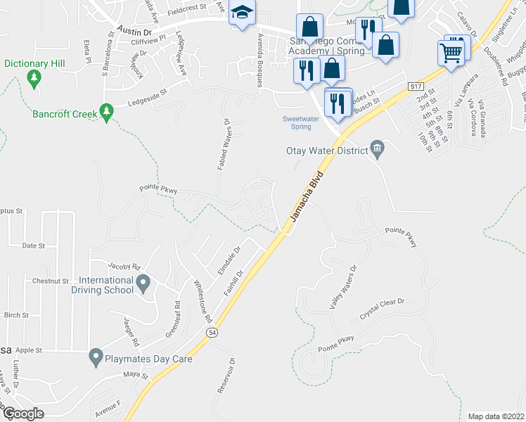 map of restaurants, bars, coffee shops, grocery stores, and more near 2718 Pointe Parkway in Spring Valley