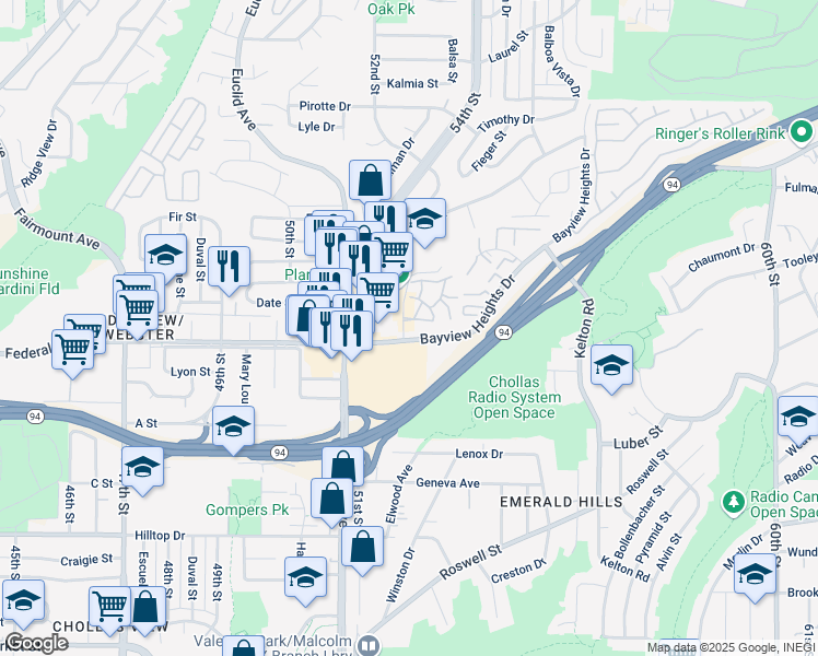 map of restaurants, bars, coffee shops, grocery stores, and more near 1625 Pentecost Way in San Diego