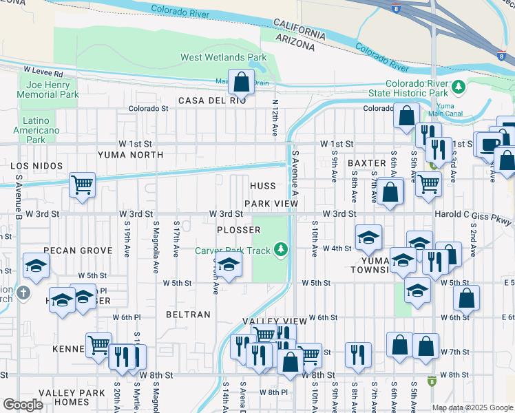 map of restaurants, bars, coffee shops, grocery stores, and more near 200-298 S 13th Ave in Yuma