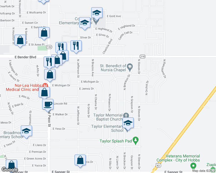 map of restaurants, bars, coffee shops, grocery stores, and more near 1923 North Penasco Drive in Hobbs