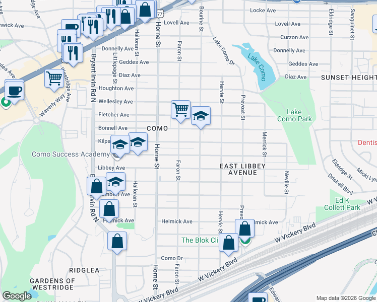 map of restaurants, bars, coffee shops, grocery stores, and more near 5525 Kilpatrick Avenue in Fort Worth