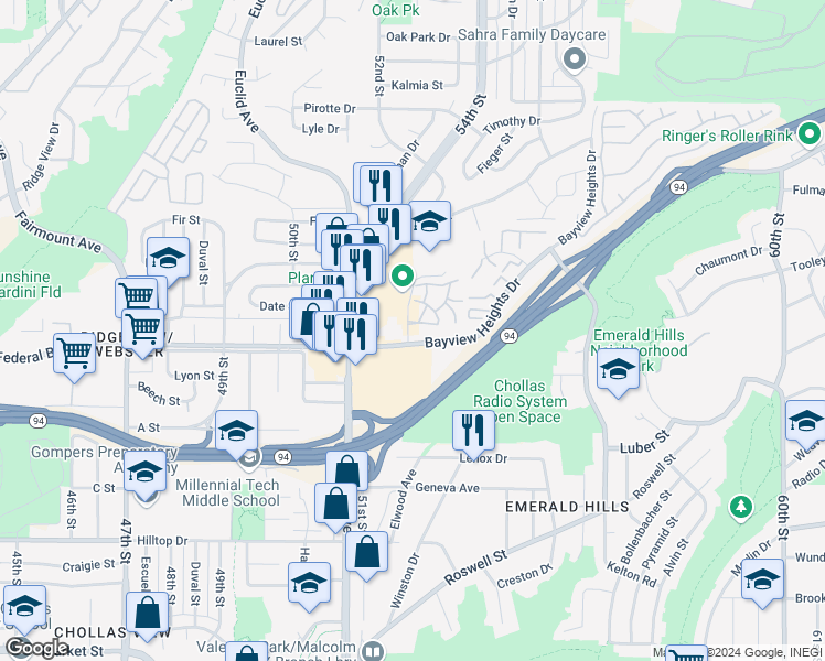 map of restaurants, bars, coffee shops, grocery stores, and more near 1627 Pentecost Way in San Diego