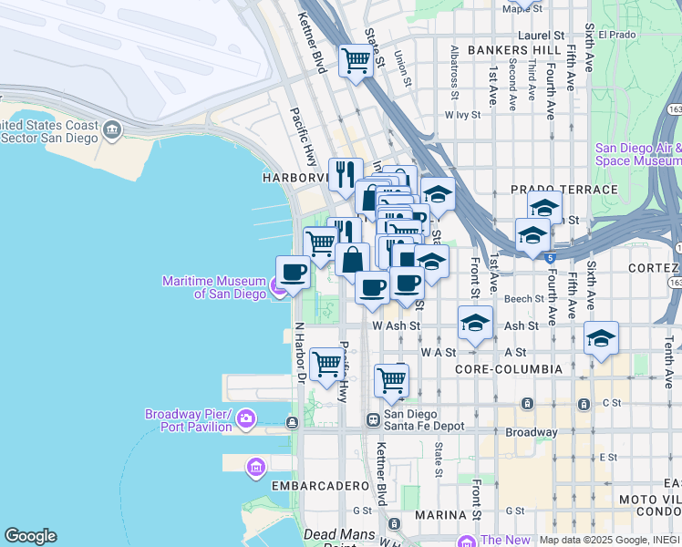 map of restaurants, bars, coffee shops, grocery stores, and more near Pacific Highway & West Cedar Street in San Diego