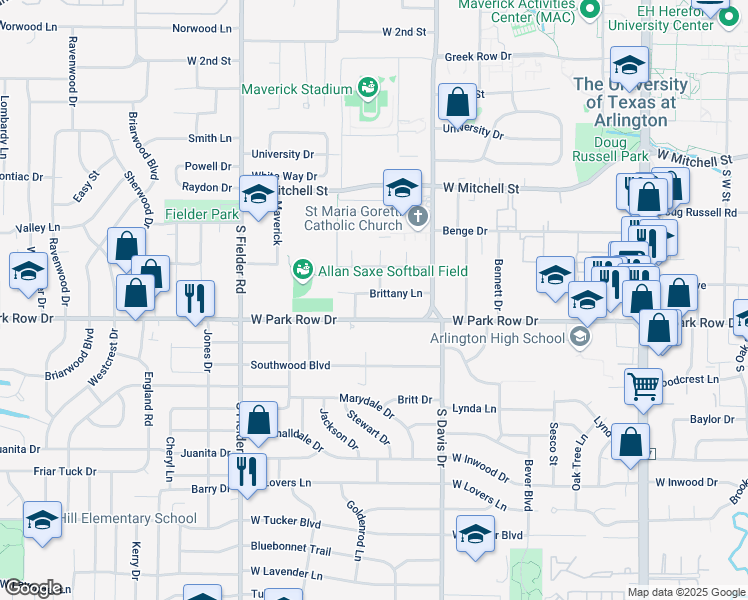 map of restaurants, bars, coffee shops, grocery stores, and more near 1303 Brittany Lane in Arlington