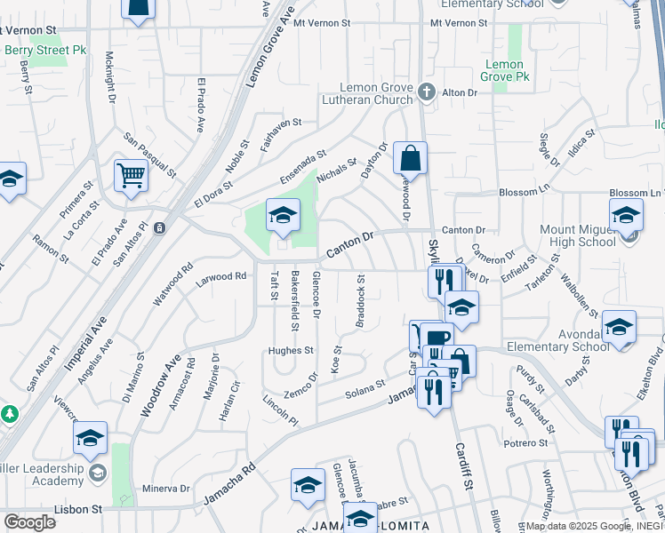 map of restaurants, bars, coffee shops, grocery stores, and more near 7610 Lansing Drive in Lemon Grove