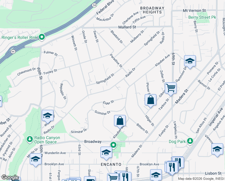 map of restaurants, bars, coffee shops, grocery stores, and more near 6438 Radio Drive in San Diego