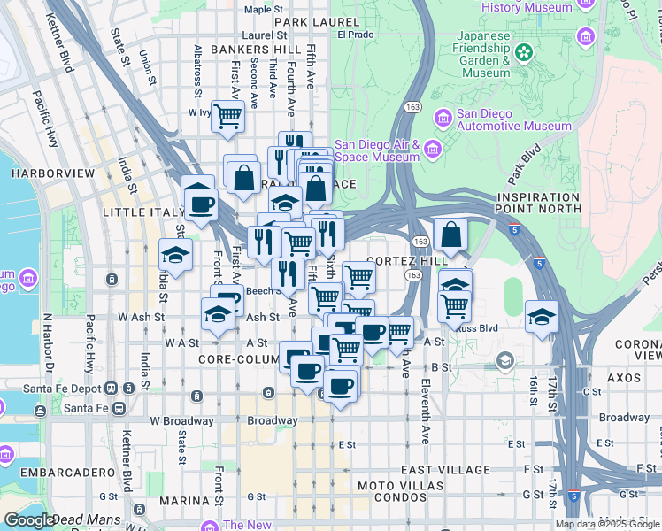 map of restaurants, bars, coffee shops, grocery stores, and more near 6th Ave & Cedar St in San Diego