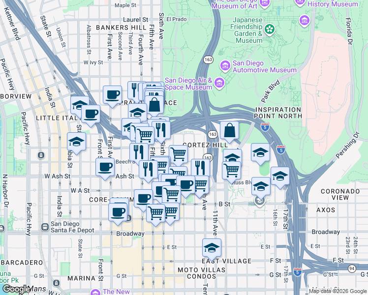 map of restaurants, bars, coffee shops, grocery stores, and more near 8th Ave & Cedar St in San Diego