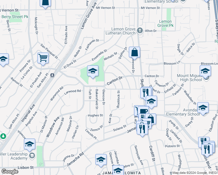 map of restaurants, bars, coffee shops, grocery stores, and more near 7620 Canton Drive in Lemon Grove