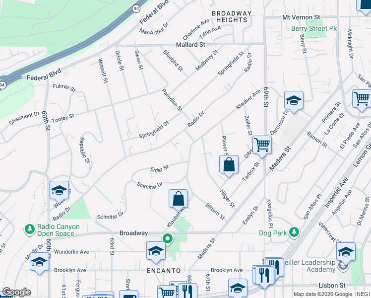 map of restaurants, bars, coffee shops, grocery stores, and more near 1640 Klauber Avenue in San Diego
