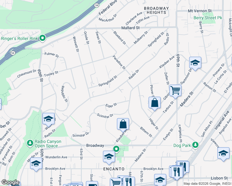 map of restaurants, bars, coffee shops, grocery stores, and more near 6438 Radio Drive in San Diego