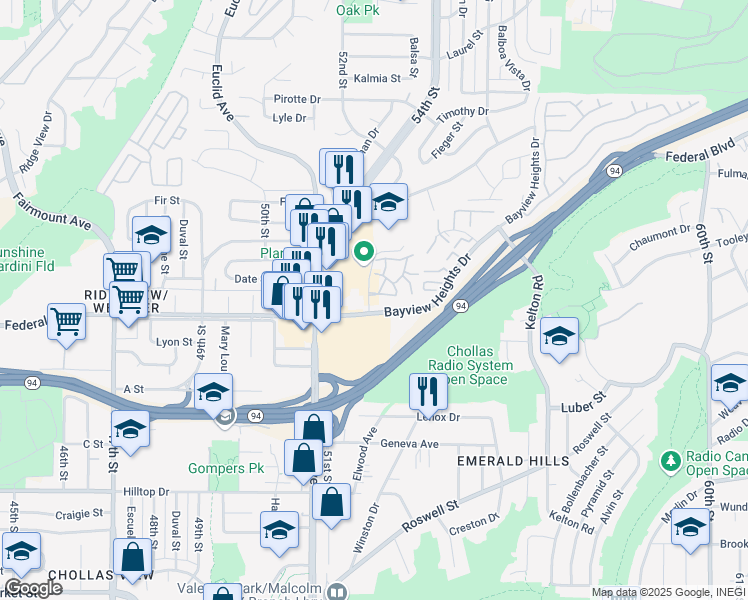map of restaurants, bars, coffee shops, grocery stores, and more near 1625 Pentecost Way in San Diego