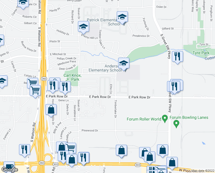 map of restaurants, bars, coffee shops, grocery stores, and more near 3133 East Park Row Drive in Arlington
