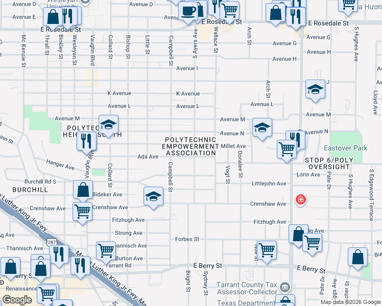 map of restaurants, bars, coffee shops, grocery stores, and more near 3620 Millet Avenue in Fort Worth