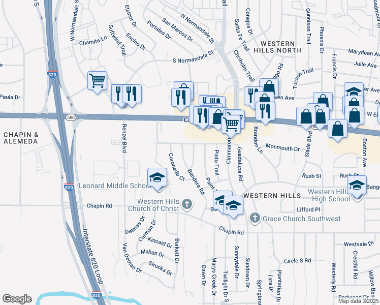 map of restaurants, bars, coffee shops, grocery stores, and more near 8733 Guadalupe Road in Fort Worth