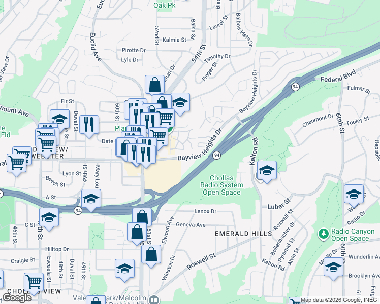map of restaurants, bars, coffee shops, grocery stores, and more near 1623 Pentecost Way in San Diego