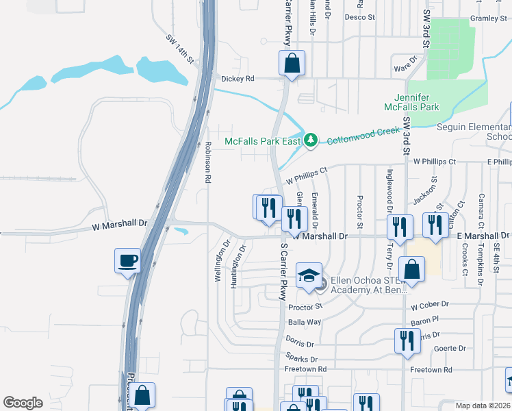 map of restaurants, bars, coffee shops, grocery stores, and more near 1710 South Carrier Parkway in Grand Prairie