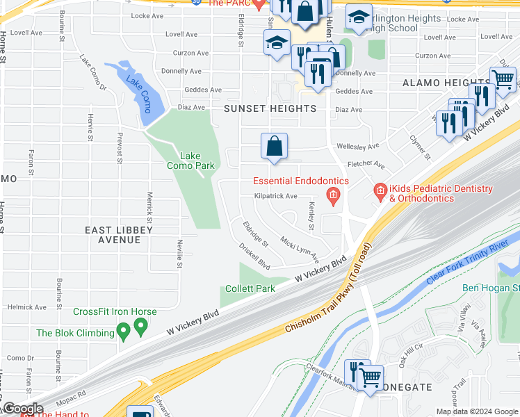 map of restaurants, bars, coffee shops, grocery stores, and more near 3913 Micki Lynn Avenue in Fort Worth