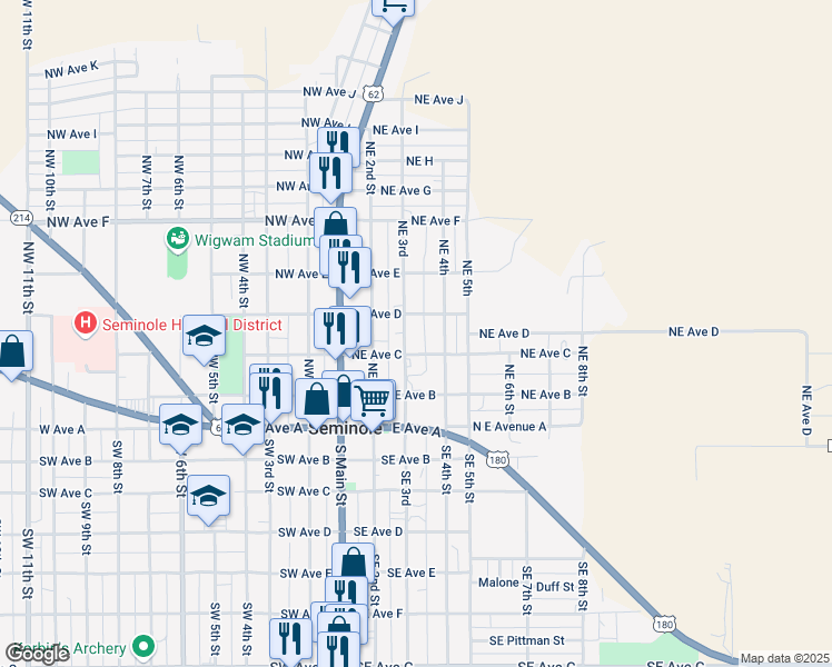 map of restaurants, bars, coffee shops, grocery stores, and more near 308 Northeast 3rd Street in Seminole