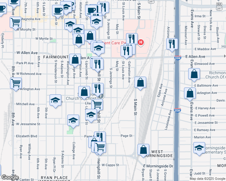 map of restaurants, bars, coffee shops, grocery stores, and more near 1928 West Arlington Avenue in Fort Worth