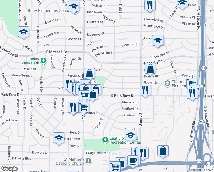 map of restaurants, bars, coffee shops, grocery stores, and more near 1311 Hillcrest Drive in Arlington