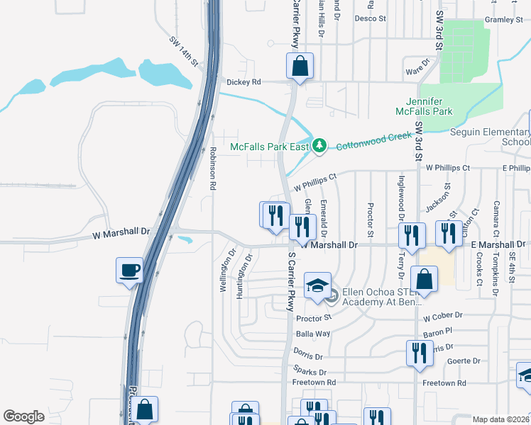 map of restaurants, bars, coffee shops, grocery stores, and more near 836 Premier Parkway in Grand Prairie